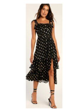 Lulus Celebration Chic Black Polka Dot Tie-Strap Tiered Maxi Dress XS